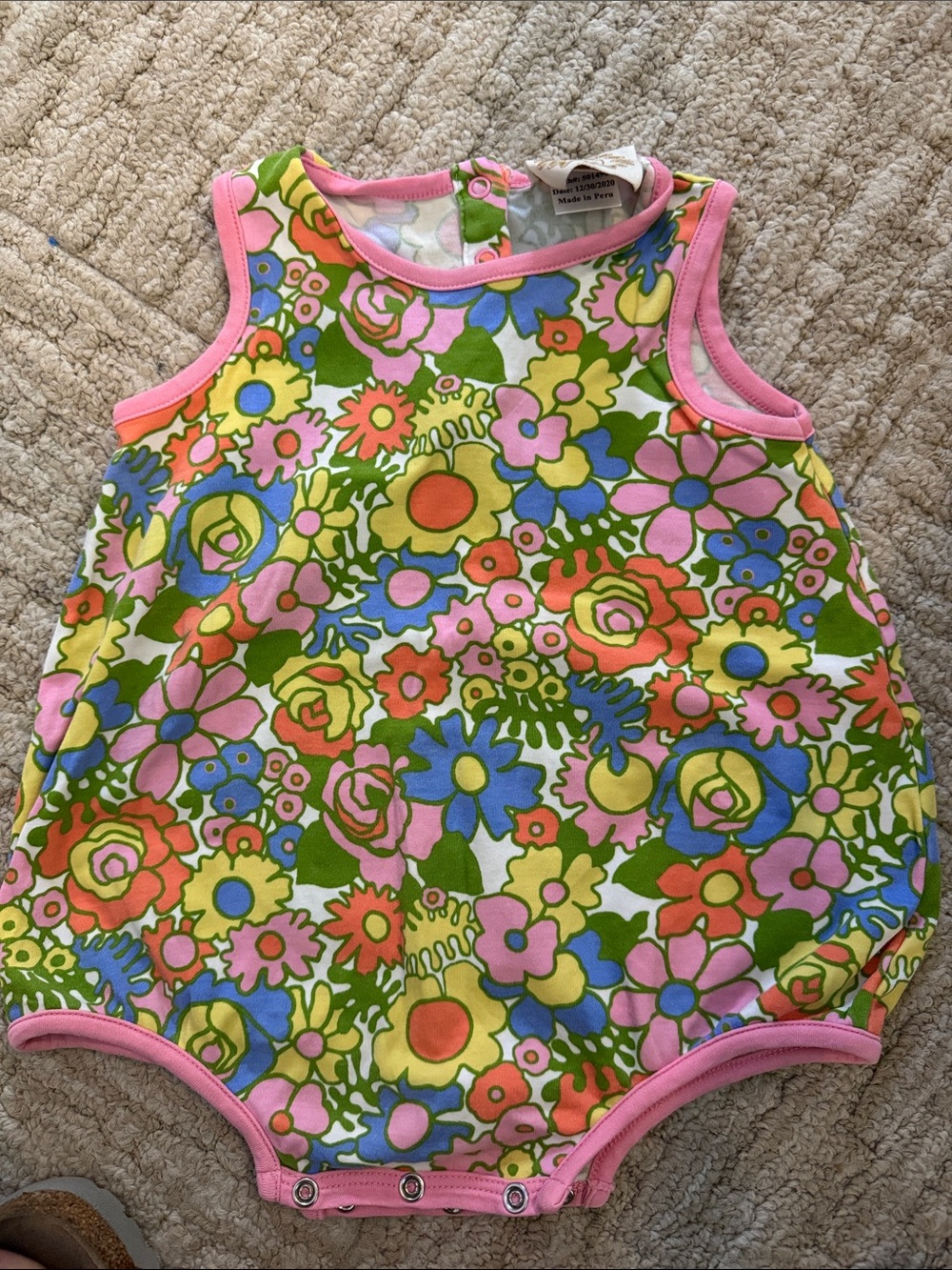 The Beaufort Bonnet Company Bright Floral Romper with Pink Trim 12-18 mos